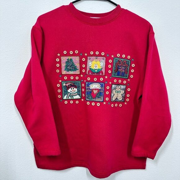Vintage Holiday Winter Christmas Sweatshirt Embroidered Quilted Red Adorable PS - Picture 1 of 10